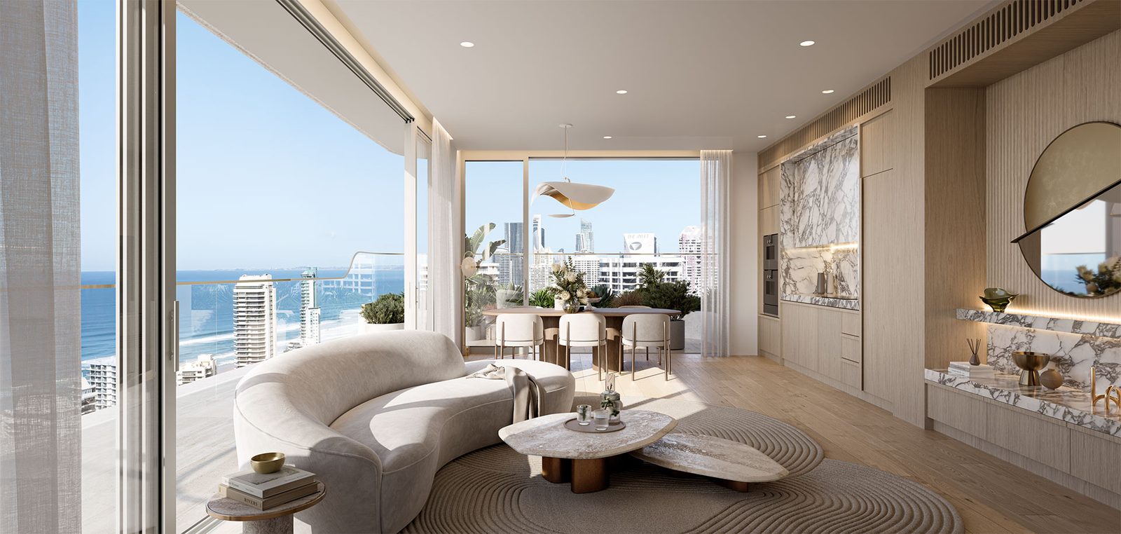 Drift Residences penthouse living space with joinery by Rescom, Main Beach